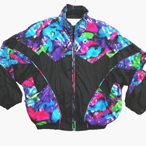 Epogee Jacket Womens Medium Black Funky Spray Paint Windbreaker 90S